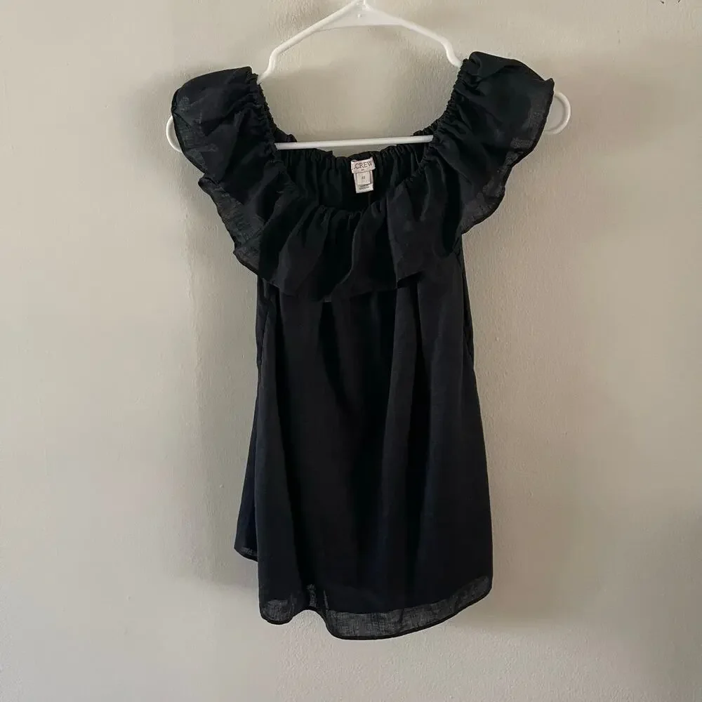J. Crew Black Linen Ruffle Off Shoulder Flounce Sleeveless Blouse Womens XS